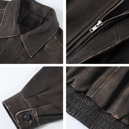 Spring Autumn Cool Handsome Retro Oversized Distressed Brown Soft Faux Leather Jackets for Women Zipper Runway Fashion