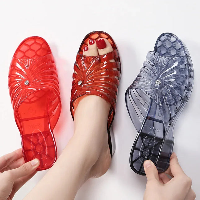 Women's Summer Anti slip Thickened External Wear Sandal Slippers Crystal Transparent Jelly Mid Heel Plastic Slope Heel Slippers