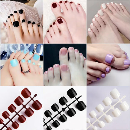 144pcs Short Square False Toe Nails Lake Blue/White/Red/Nude Press