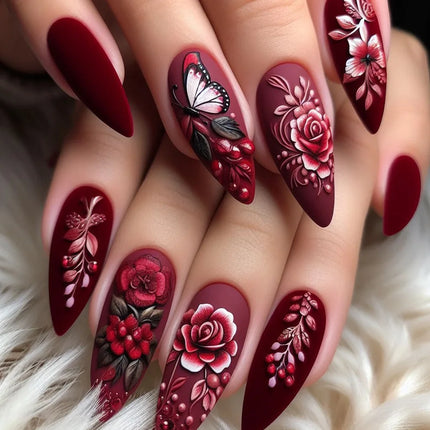 24Pcs Autumn Winter Matte Almond False Nails with Glue Rose