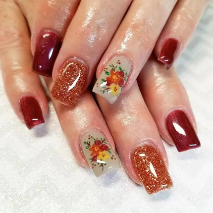 24Pcs Short Almond Press-On Nails Pink Floral French Tip Glossy&Elegant Full Cover