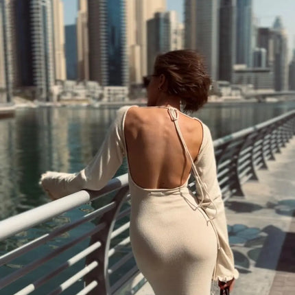 Cryptographic Elegant Knitted Sweater Maxi Dress Outfits for Women Flare Sleeve Sexy Backless Dresses Edible Tree Fungus Clothes