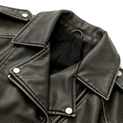 2024New Coal graysty le Women's washed leather jacket with belt, short coat with downgraded zipper and vintage lapel jacket