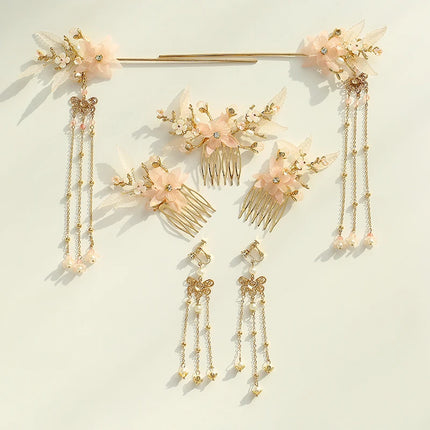 Chinese Long Hair Stick tiara Headpiece Women Hair Accessories Flower Crystal Pearl Hair Pins Handmade Hanfu Hair Jewelry Set