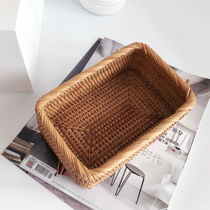 3 size Hand-woven Rattan Wicker Basket Fruit Tea Snack Bread Basket Cosmetic Rectangular Storage Box Household Kitchen Supplies