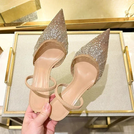 Luxury Designer Shiny Rhinestone Mesh Heeled Sandals Women Summer
