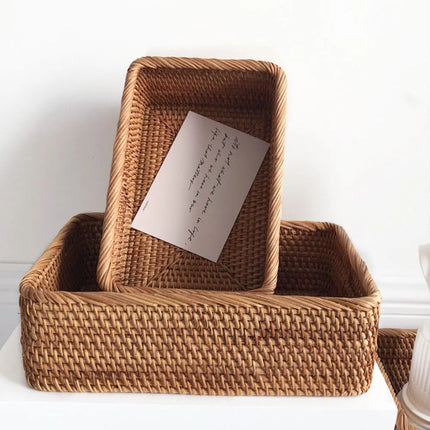 3 size Hand-woven Rattan Wicker Basket Fruit Tea Snack Bread Basket Cosmetic Rectangular Storage Box Household Kitchen Supplies
