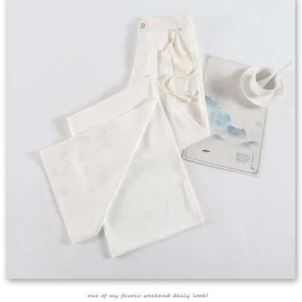 New Chinese Style Jacquard Wide Leg Satin Pants for Women Elegant Solid Office Lady Women's Casual Loose Pants Female