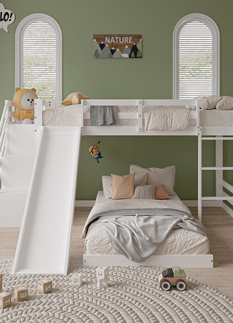 Children's Bed, Bunk Bed 90 x 200 cm with Storage Drawers, Bunk Bed with Fall Protection and Sloping Ladder, Solid Wood Bed Fram