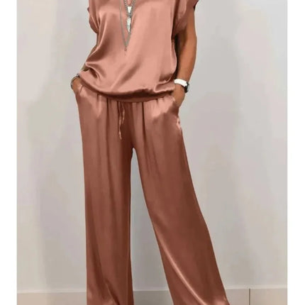 2-piece Set Fashion Satin O Neck T-shirt Top Trousers Summer Retro Elegant Casual Loose Wide