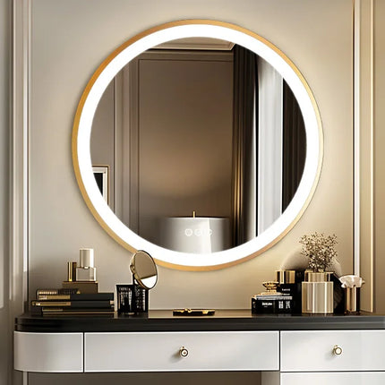Bathroom Mirror with LED 60/80cm Round Illuminated Wall Mirror Aluminum Gold Frame Anti-fog 3 Lighting Color Memory Function