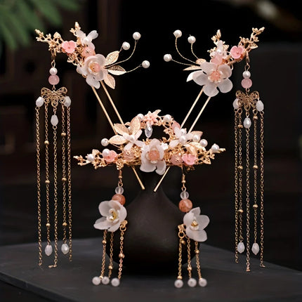 Chinese Long Pearl Hairpin Earring Tiara Set Headpiece Women Hair Accessories Flower Crystal Pearl Hanfu Hair Pins Comb Earring