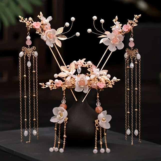 Chinese Long Pearl Hairpin Earring Tiara Set Headpiece Women Hair Accessories Flower Crystal Pearl Hanfu Hair Pins Comb Earring