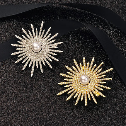 New Shiny Sun flower Brooches For Women Luxury Big Pearl Rhinestone Brooch Pins Jewelry Dress Suit Accessories Wedding Gifts