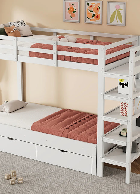 Children's bunk bed, double bed, multifunctional children's bed, with ladder, with table, with storage s drawers under the bed,