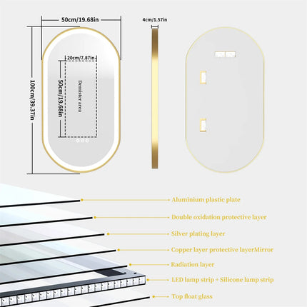 LUVODI Luxury Oval Led Illuminated Bathroom Mirror Gold Aluminum Frame with Demister Pad