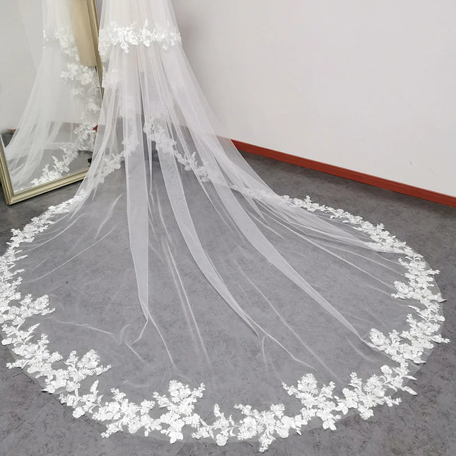 Customized Real Photos 3m/3.5m/4m Lace Edge Wedding Veil with Blusher 2 Tiers Bridal Veil with Comb Ivory/White Veil for Wedding