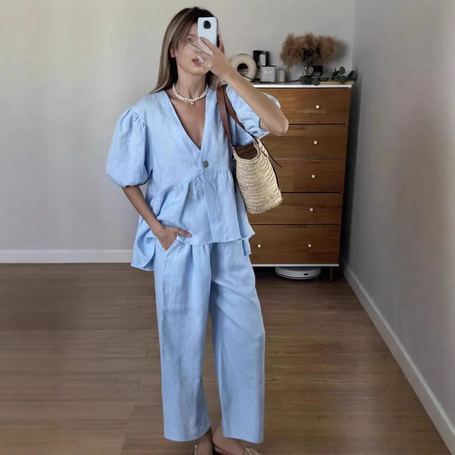 Women Solid Color V-Neck Bubble Short-Sleeved Trousers Suit Summer Women Short T-Shirt