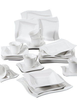MALACASA Amparo 30/60 Piece White Porcelain Dinnerware Set Cups Saucers Dessert Soup Dinner Plates Service for 6/12 Persone