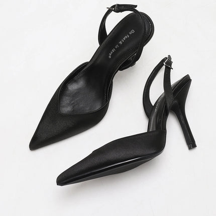 Women's Ivory Satin Pointed-Toe Slingback Heeled Sandals
