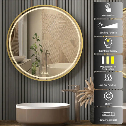 600mm Round LED Mirror Illuminated Lighted Wall Hanging Bathroom Mirror, Anti-fog, Golden/ Black Frame for Bathroom Entryway