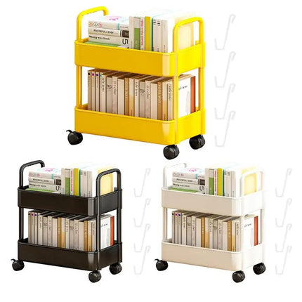 2 Tiers Movable Bookshelf Multi-Functional Storage Shelve Book File Organizer Mobile Book Cart for Home Bedroom School Office
