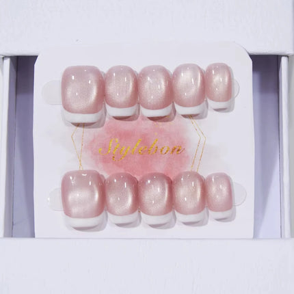 10pcs Handmade Press on Nails Plaid Pearl French Cat's Eye Aurora Fishtail Full Coverage