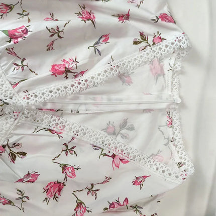 Luxury new elegant sweet print V-neck lace short long sleeve floral dress women