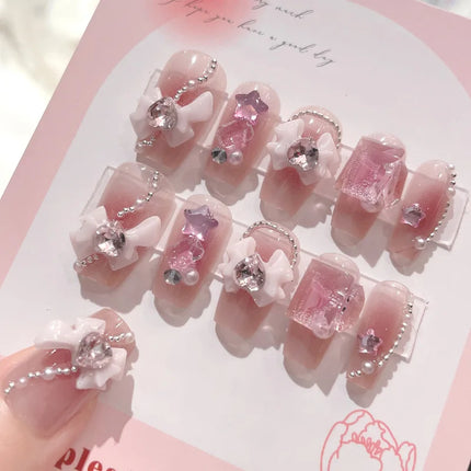 Blush Pink False Nails Bowknot Diamond Pearl 3D Design Press on Nail Tips