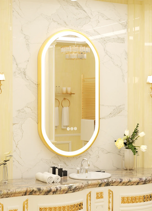 Gold Frame Oval Bathroom Mirror LED Lighted Anti-Fog Smart Vanity Mirror Anti-fog Dimmable Illuminated Innovative Makeup Mirror