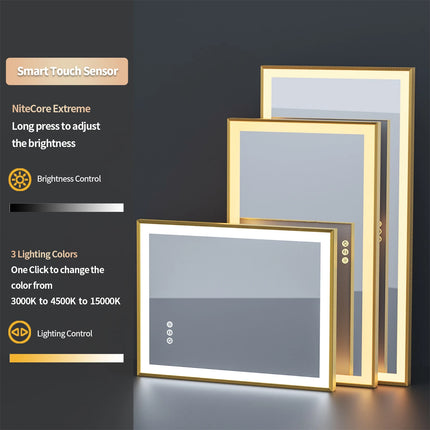 Smart LED Bathroom Mirror Demister Touch Sensor Gold Brushed Brass Frame Anti-Fog Vanity Wall Mirror 3 Sizes