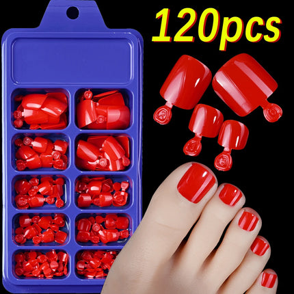 144pcs Short Square False Toe Nails Lake Blue/White/Red/Nude Press
