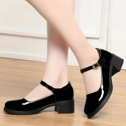 patent leather buckle strap square heel shoes lady comfort office career work pumps