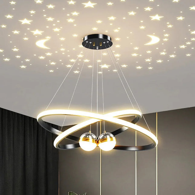 Modern Living Room Ring Chandelier with Moon Stars Creative Black/Gold Ring Circle LED Chandelier Light for Bedroom Dining Room