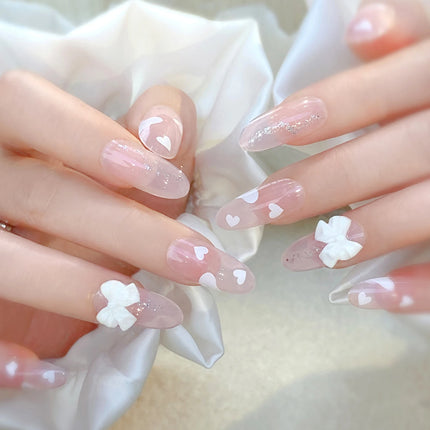Blush Pink False Nails Bowknot Diamond Pearl 3D Design Press on Nail Tips