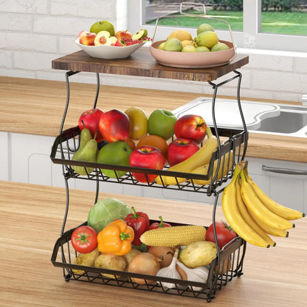 3 Tier Countertop Fruit Basket Bread Bowl with Wooden Top for Kitchen,Stackable Vegetable Onion Storage Wire Basket with Hangers