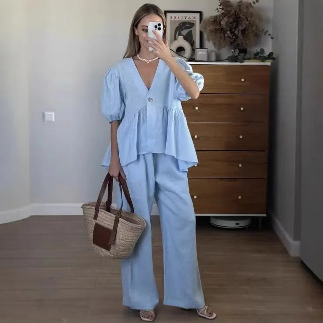 Women Solid Color V-Neck Bubble Short-Sleeved Trousers Suit Summer Women Short T-Shirt