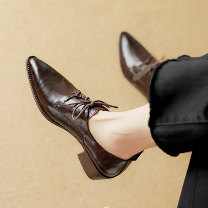 EAGSITY Cow leather lace up pointed toe oxford shoes women shoes block Heel Women high heel derby shoes outdoor sneaker