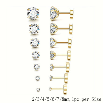 7pcs/Set Stainless Steel Crystal Flat Studs Women Men Bar Screw Back Tragus Round Clear Cubic Zirconia Piercing Earrings Jewelry