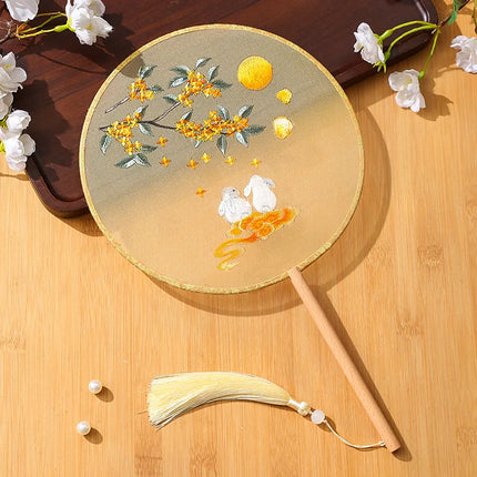 Embroidered Group Fan Ancient Style Fan Summer Long Handled Tassel Dance Hanfu Palace Fan Children's Cheongsam Round Fan