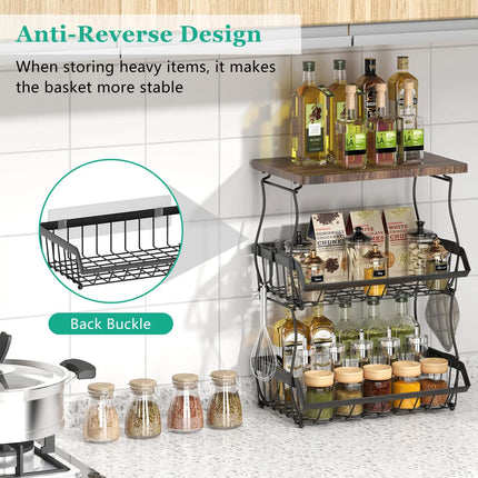 3 Tier Countertop Fruit Basket Bread Bowl with Wooden Top for Kitchen,Stackable Vegetable Onion Storage Wire Basket with Hangers