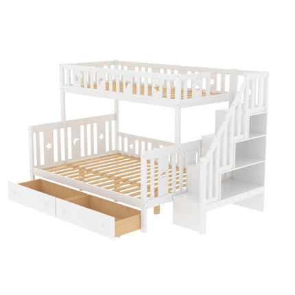 Children bed 90x200/140x200 cm, solid wood bunk bed with slide and shelf with safety levels, trundle bed and slatted frame, White
