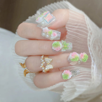 Blush Pink False Nails Bowknot Diamond Pearl 3D Design Press on Nail Tips