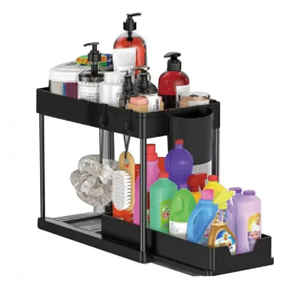 2 Tier Under Sink Organizer Sliding Cabinet Basket Organizer Storage Rack with Hooks Hanging Cup Bathroom Kitchen Organizer