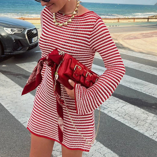 hirigin Striped Knit Mini Dress For Women Autumn Winter New O Neck Long Sleeve Contrast Color High Waist Beach Sexy Dress