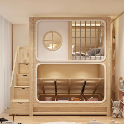 bunk bed tree house second floor same width children's  boy high and low  wood color child and mother slide