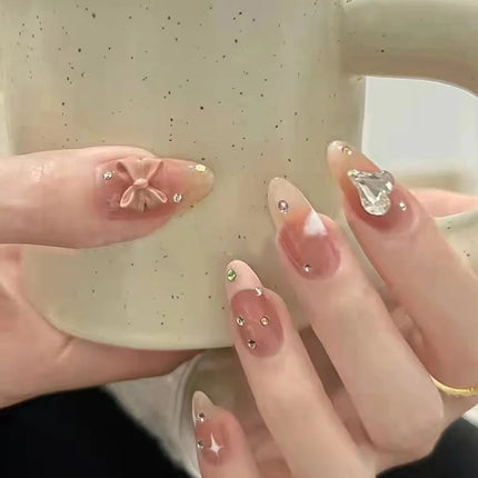 Blush Pink False Nails Bowknot Diamond Pearl 3D Design Press on Nail Tips