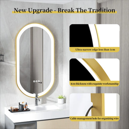 Large LED Oval Bathroom Mirror with Stepless Dimmable Lighted Vanity Mirror for Wall Mounted Vanity with Frame Anti-Fog Memory