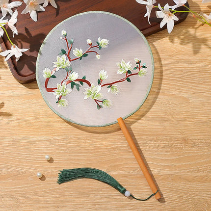 Embroidered Group Fan Ancient Style Fan Summer Long Handled Tassel Dance Hanfu Palace Fan Children's Cheongsam Round Fan
