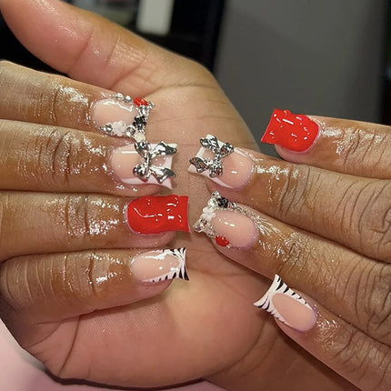 Blush Pink False Nails Bowknot Diamond Pearl 3D Design Press on Nail Tips